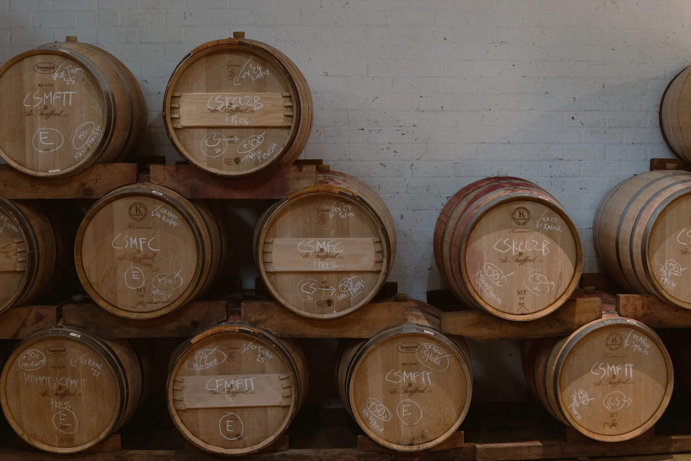 Chalk-marked oak barrels stacked three high against a whitewashed cellar wall in Stellenbosch