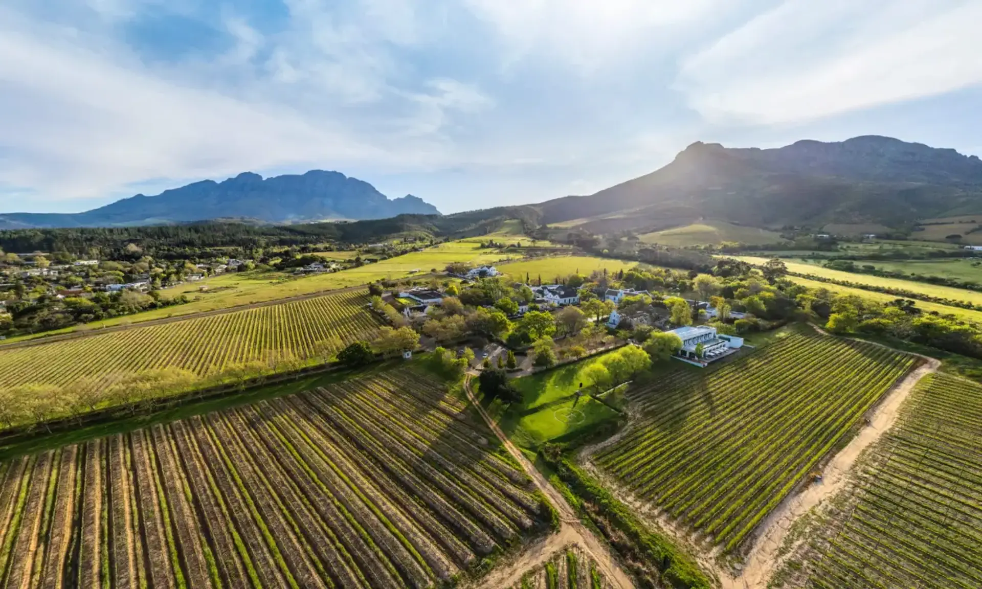 Aerial view of a Stellenbosch wine estate among the vineyards and mountains